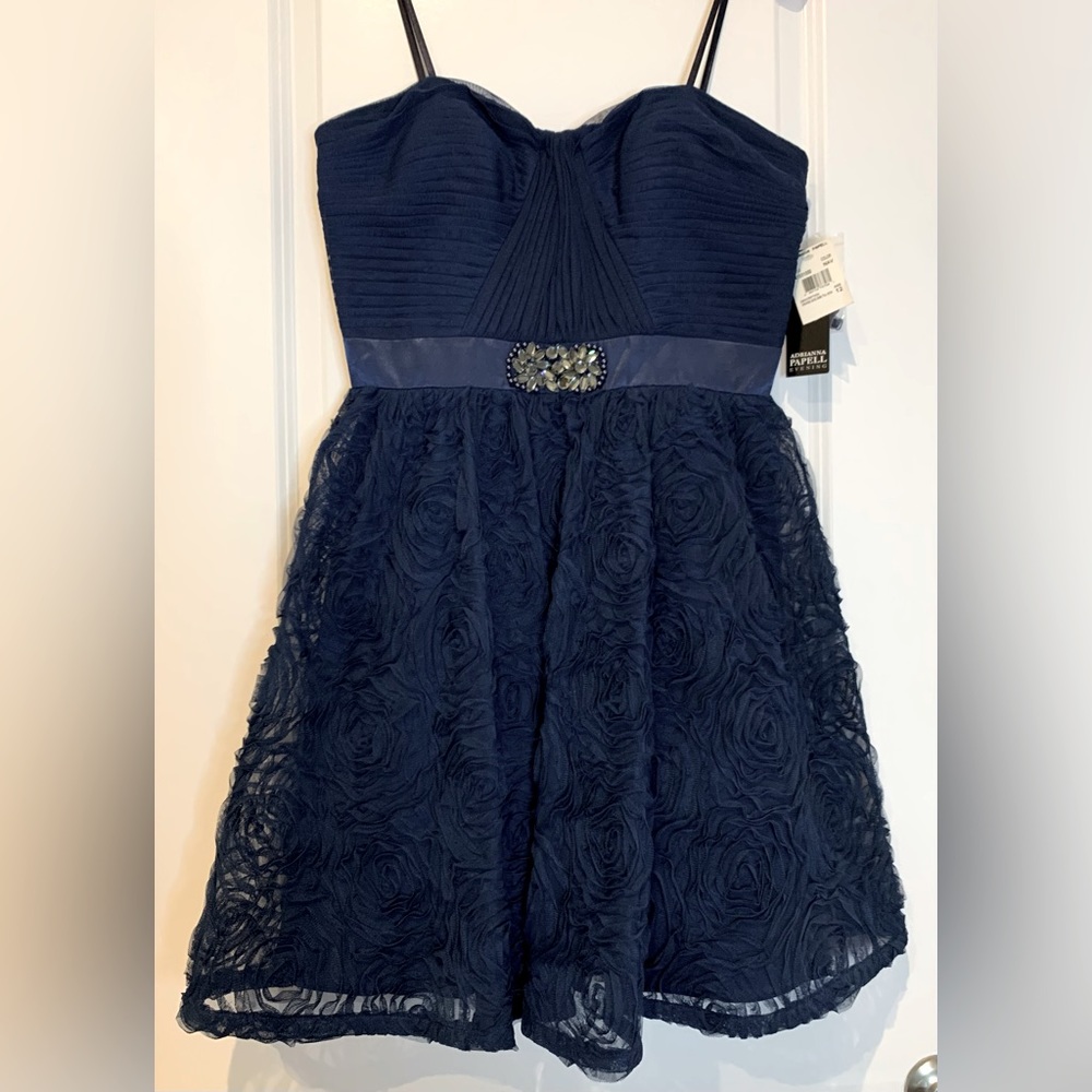 Adriana Papell navy blue evening dress with embellished waist details